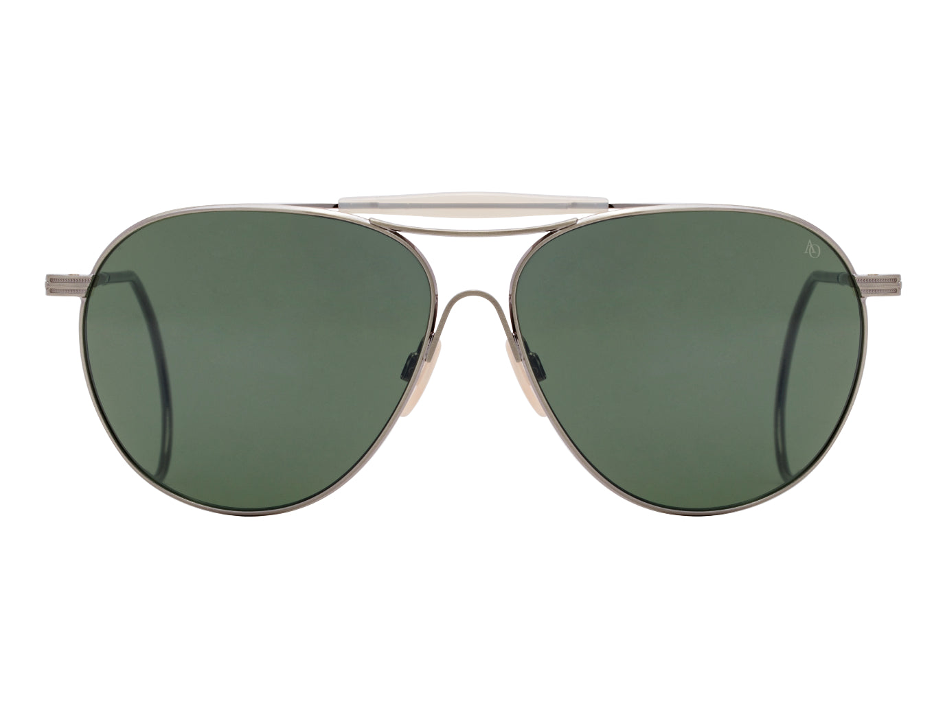 Front view of antique silver American Optical Hazemaster aviator sunglasses with non-polarised green glass lens