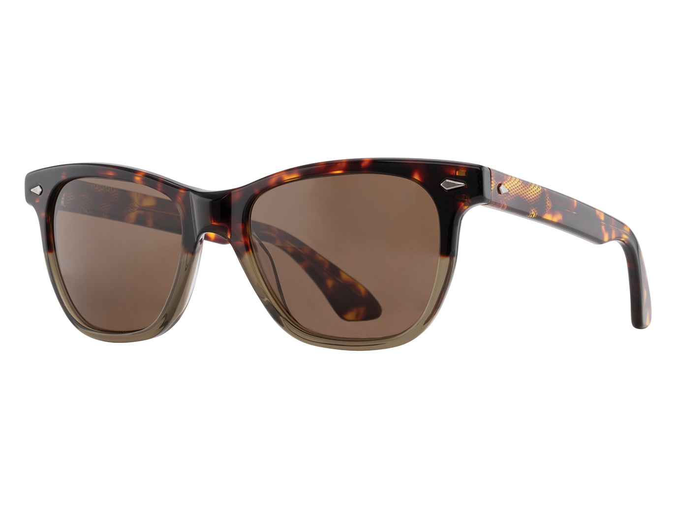 Front angle view of tortoise khaki American Optical Saratoga acetate sunglasses with non-polarised brown nylon lens