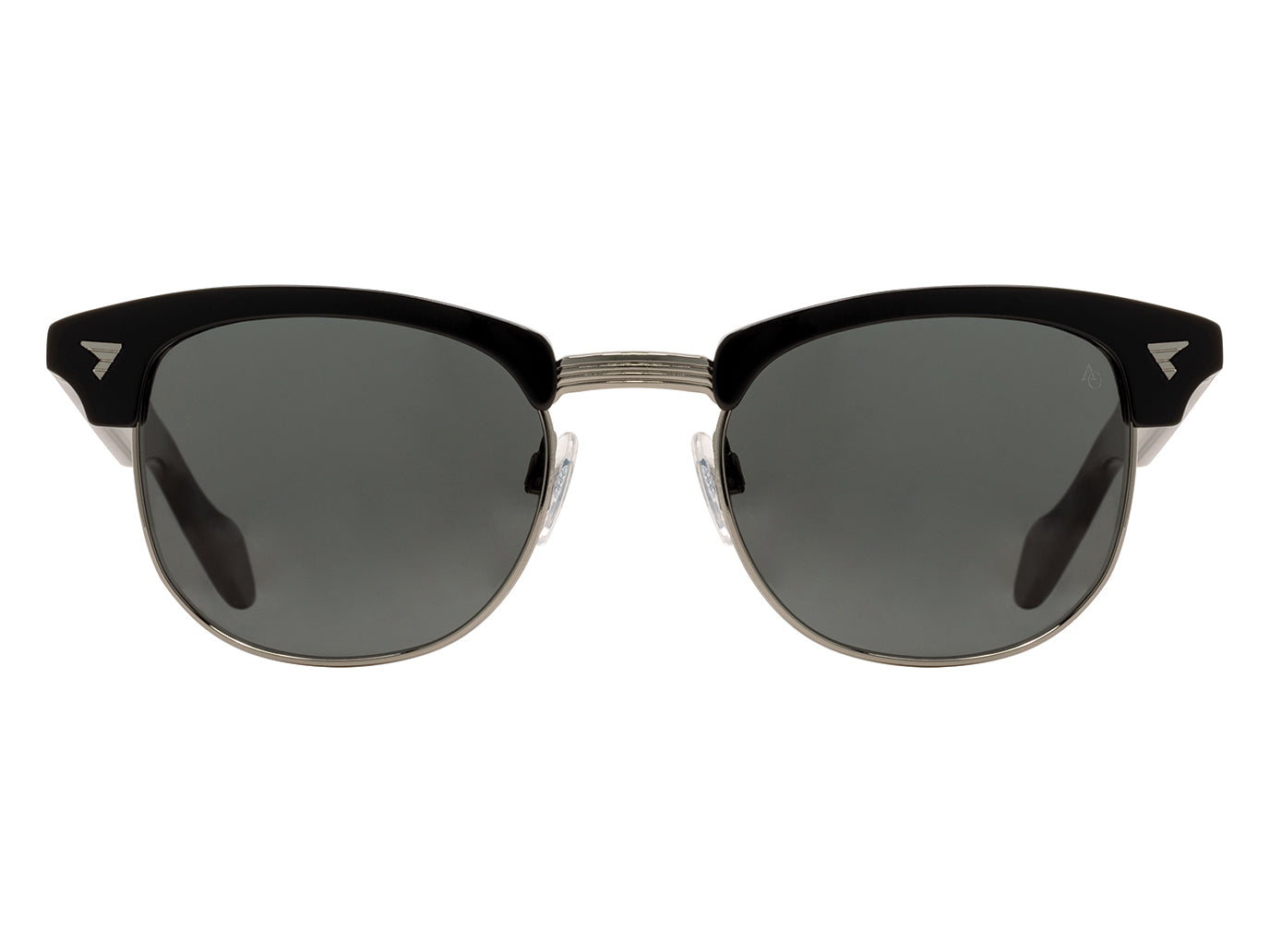 Front view of black and gunmetal American Optical Sirmont metal sunglasses with non-polarised grey nylon lens