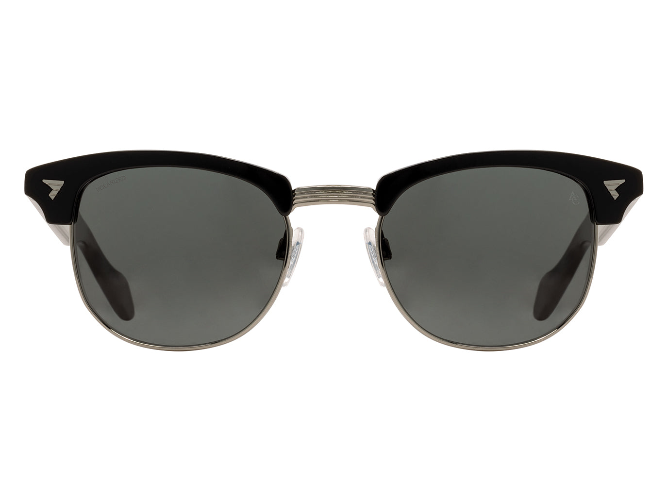 Front view of black and gunmetal American Optical Sirmont metal sunglasses with polarised grey nylon lens