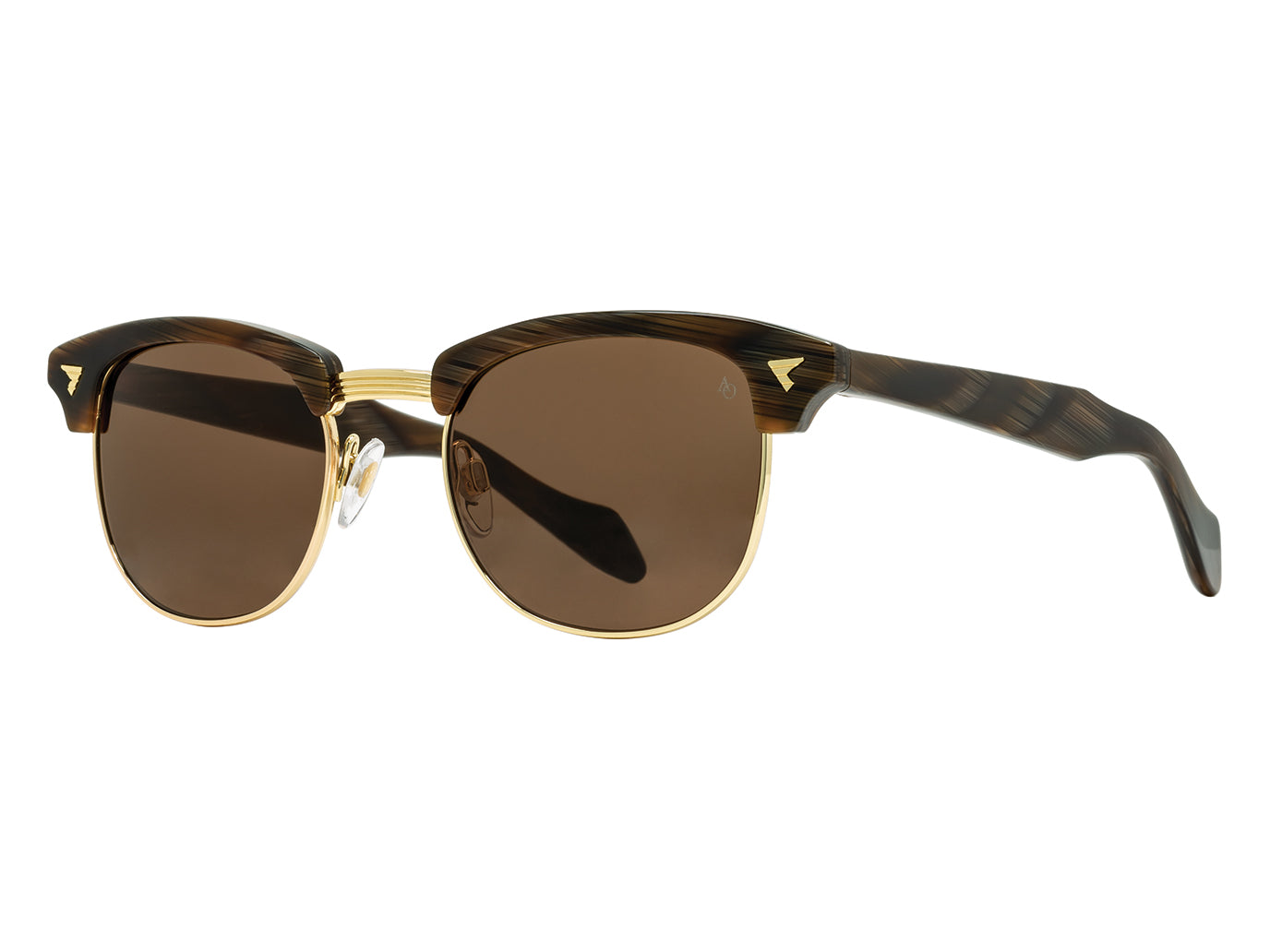 Front angle view of chocolate and gold American Optical Sirmont metal sunglasses with non-polarised brown nylon lens
