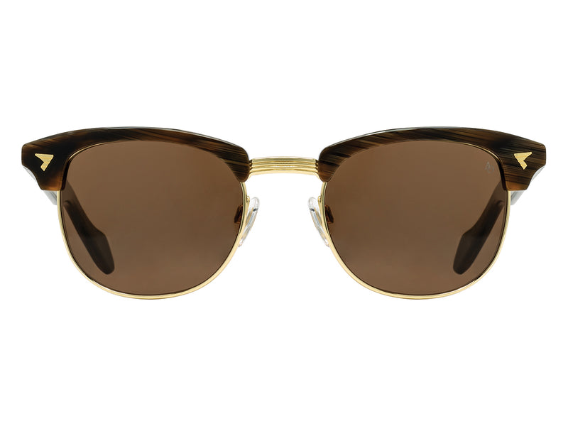 Front view of chocolate and gold American Optical Sirmont metal sunglasses with non-polarised brown nylon lens