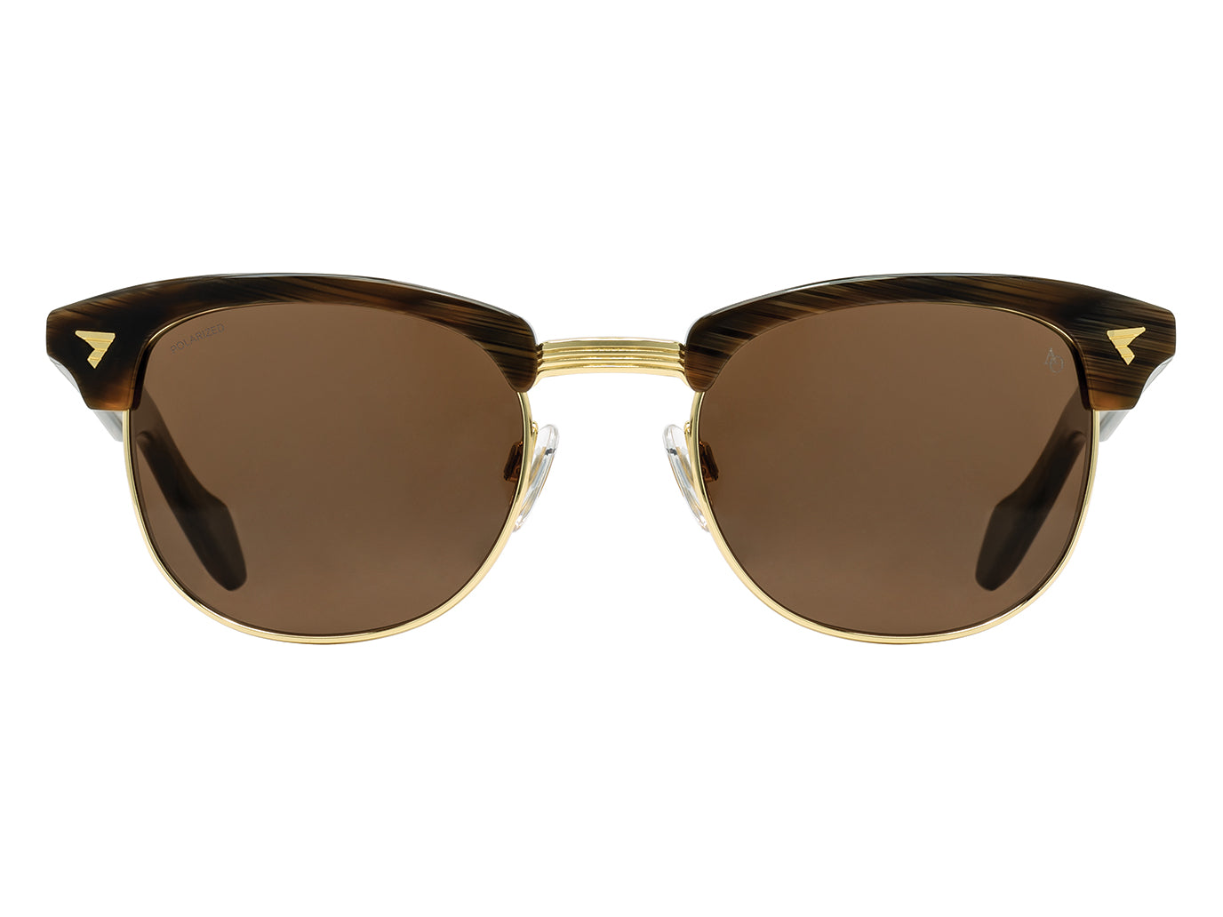 Front view of chocolate and gold American Optical Sirmont metal sunglasses with polarised brown nylon lens