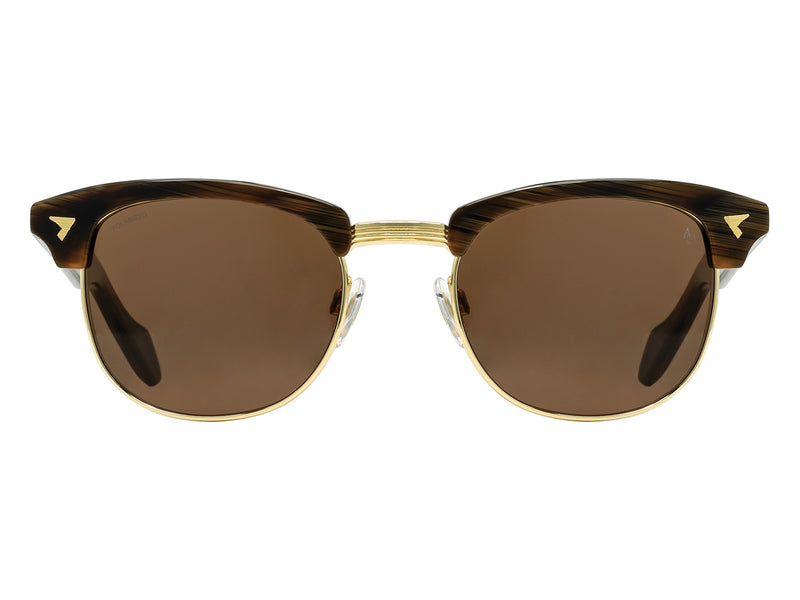 Front view of chocolate and gold American Optical Sirmont metal sunglasses with polarised brown nylon lens