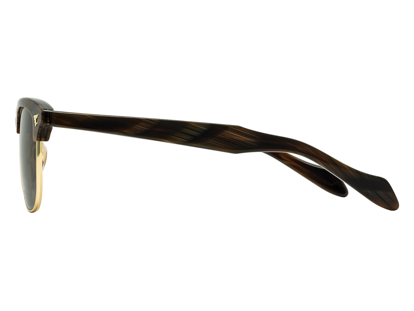 Side view of chocolate and gold American Optical Sirmont metal sunglasses with polarised brown nylon lens