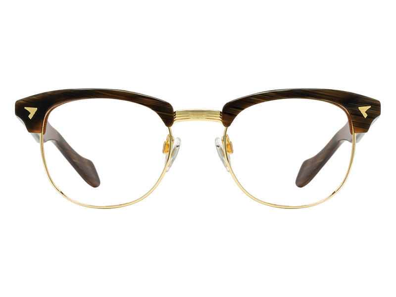 Front view of chocolate and gold American Optical Sirmont frame only acetate and metal sunglasses