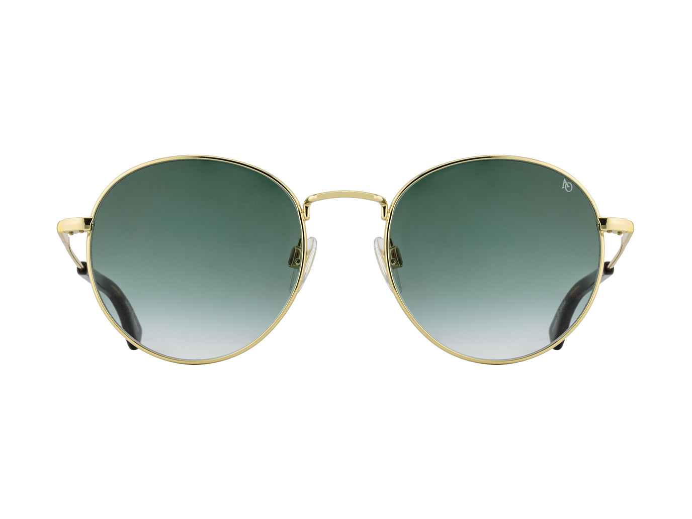 Front view of gold American Optical AO-1002 round sunglasses with non-polarised green gradient nylon lens