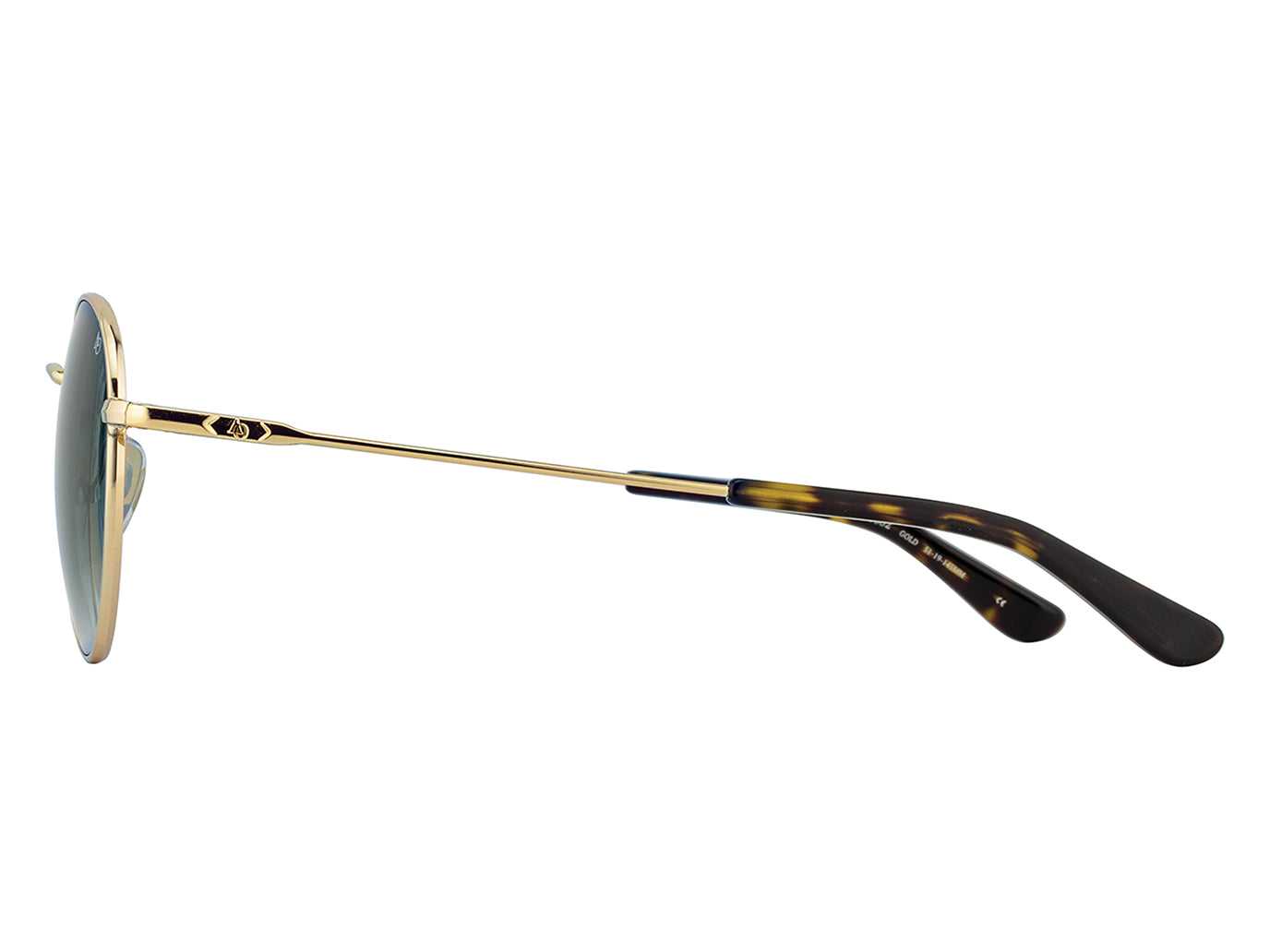 Side view of gold American Optical AO-1002 round sunglasses with non-polarised green gradient nylon lens