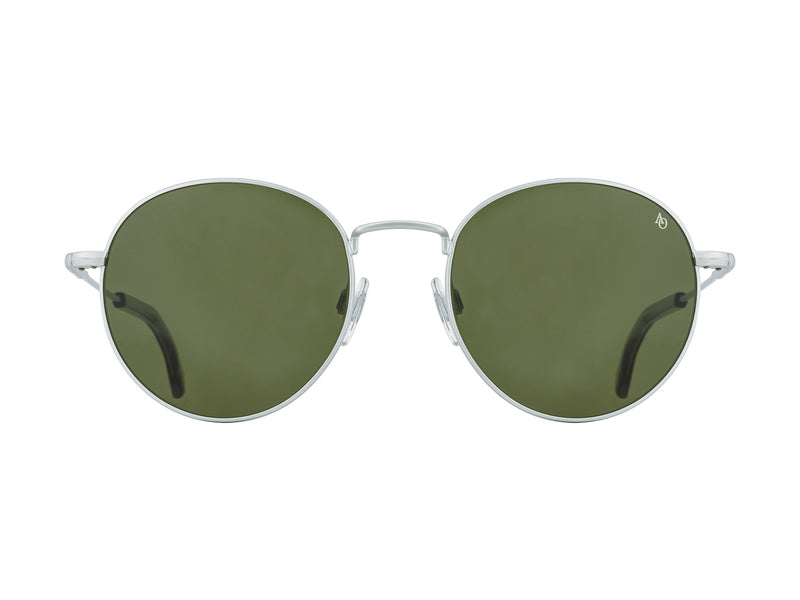 Front view of matte silver American Optical AO-1002 round sunglasses with polarised green nylon lens