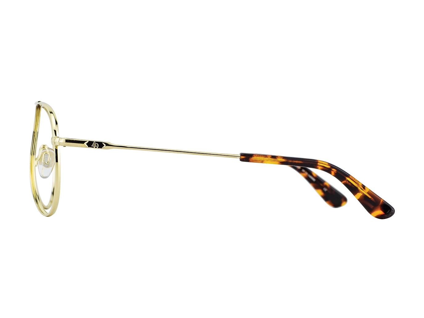 Side view of gold American Optical General frame only teardrop aviator sunglasses