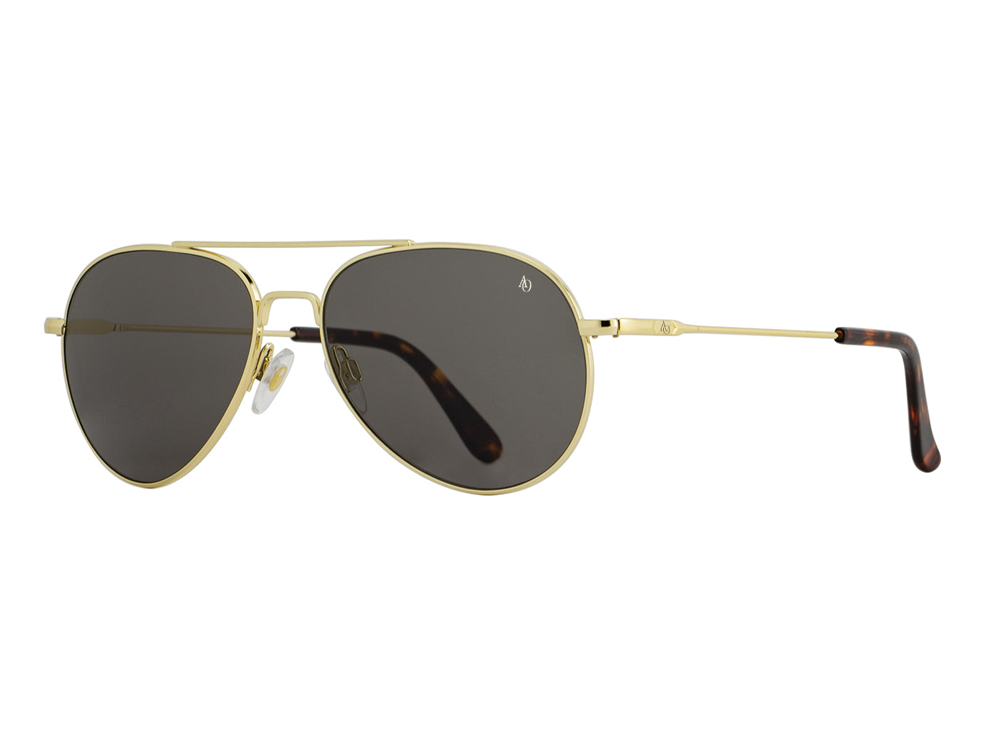 Front angle view of gold American Optical General teardrop aviator sunglasses with non-polarised grey glass lens