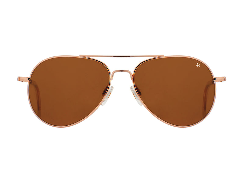 Front view of rose gold American Optical General teardrop aviator sunglasses with non-polarised brown glass lens