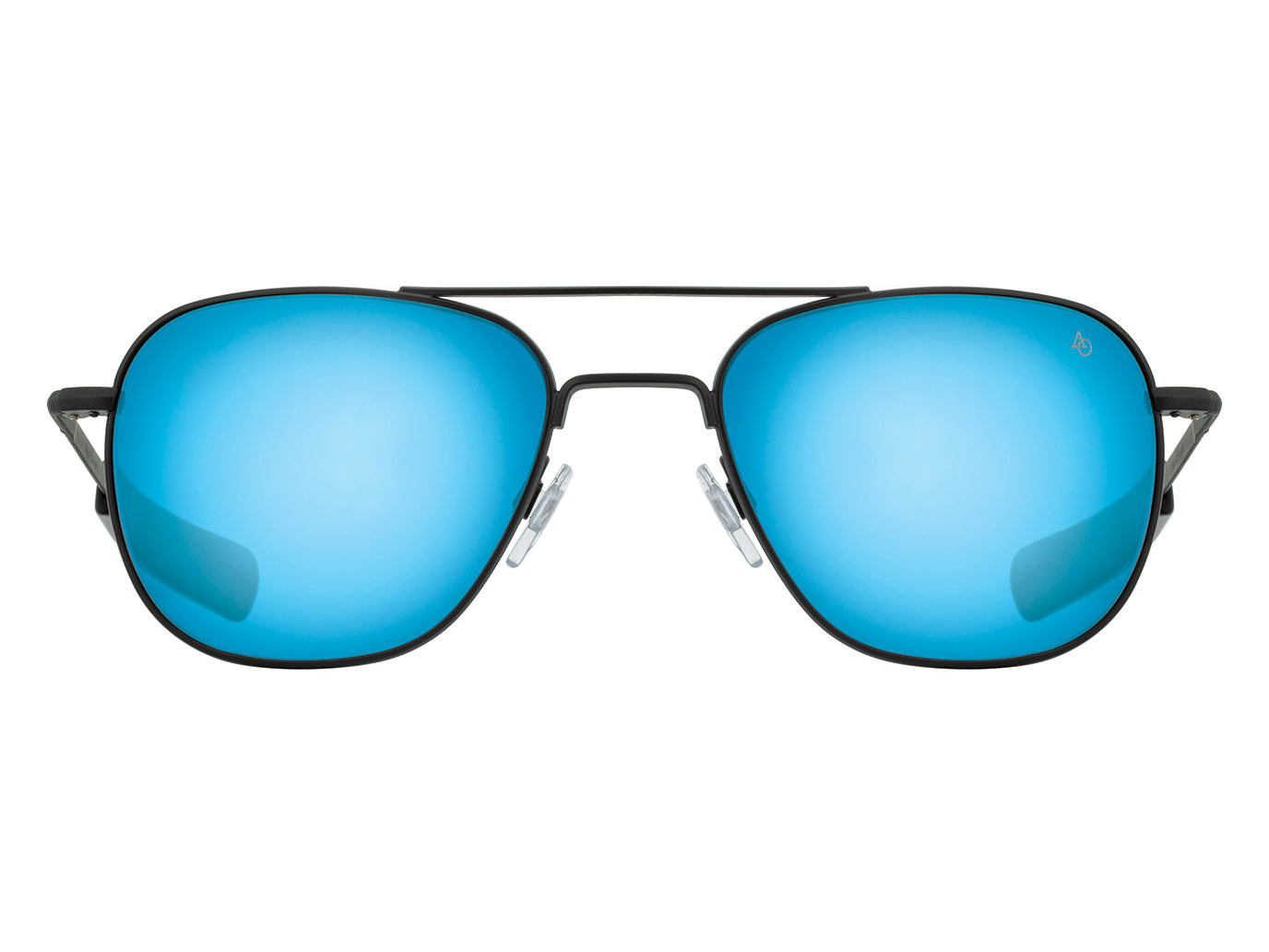 Front view of black American Optical Original Pilot navigator sunglasses with non-polarised blue mirror glass lens