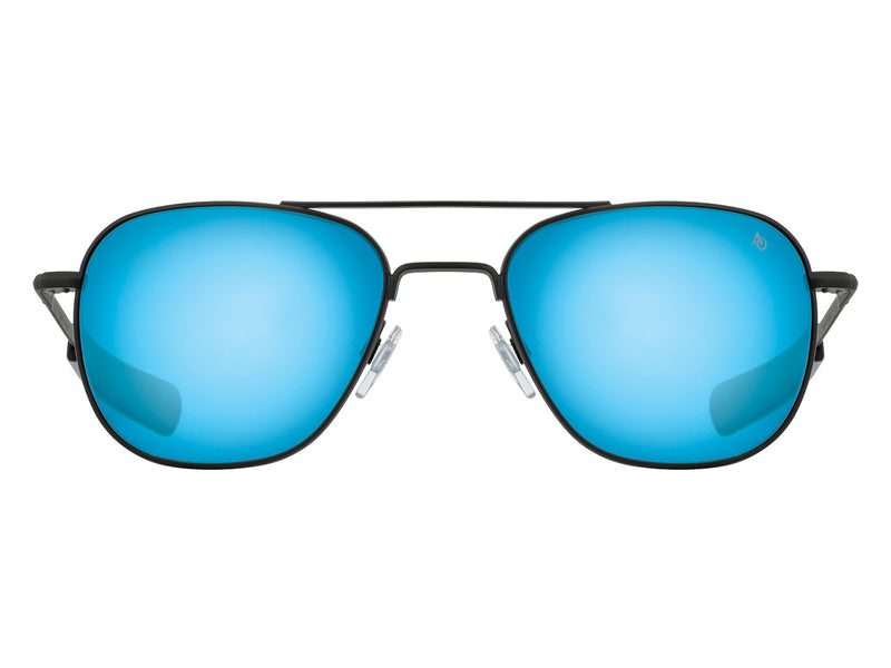 Front view of black American Optical Original Pilot navigator sunglasses with non-polarised blue mirror glass lens