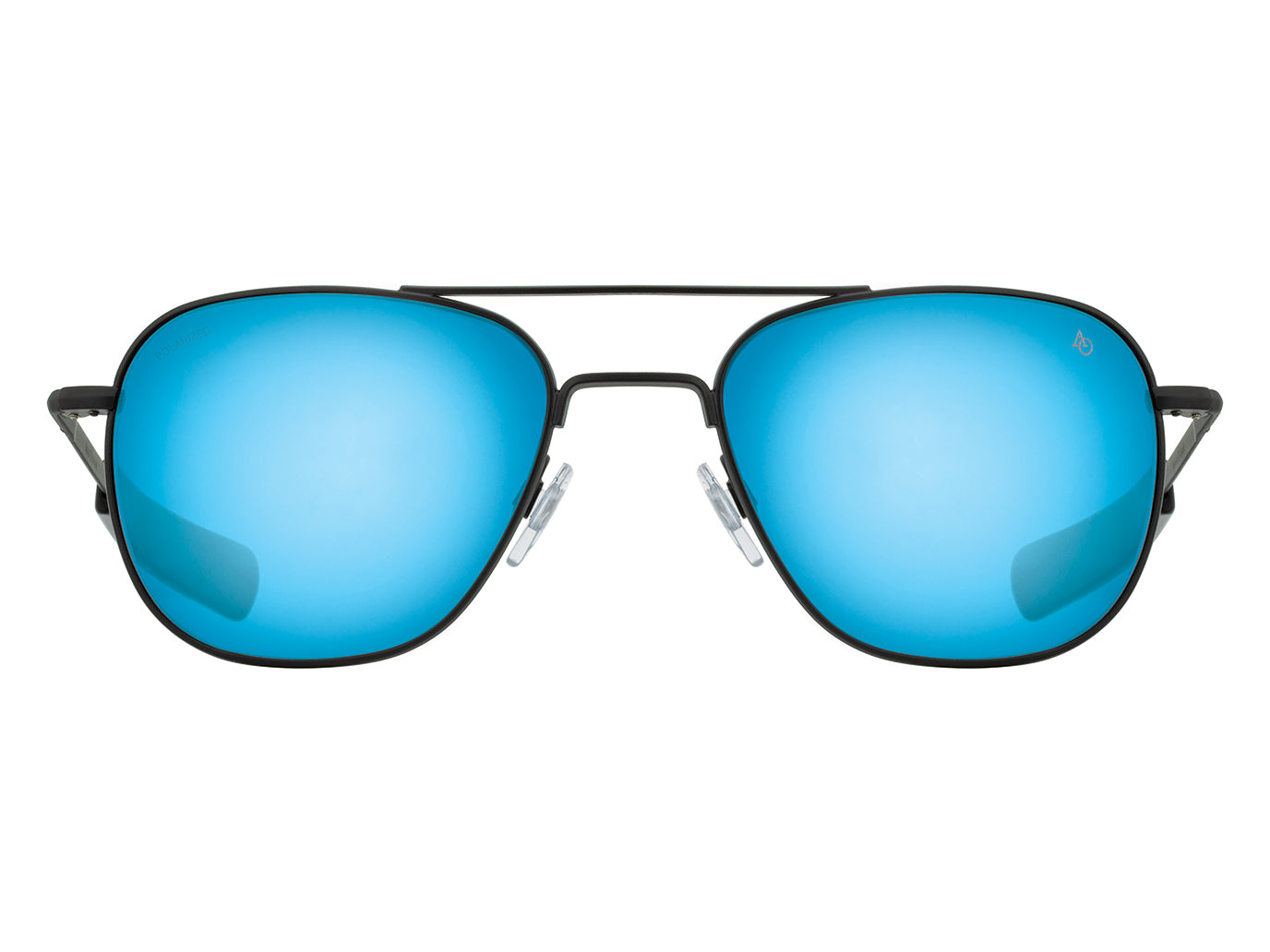 Front view of black American Optical Original Pilot navigator sunglasses with polarised blue mirror glass lens