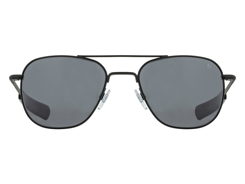 Front view of black American Optical Original Pilot navigator sunglasses with non-polarised grey glass lens