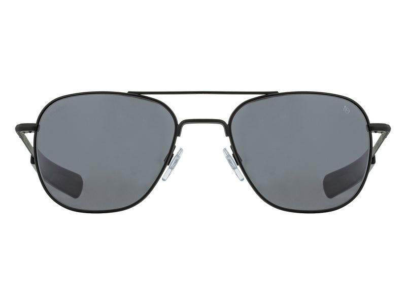 Front view of black American Optical Original Pilot navigator sunglasses with polarised grey glass lens