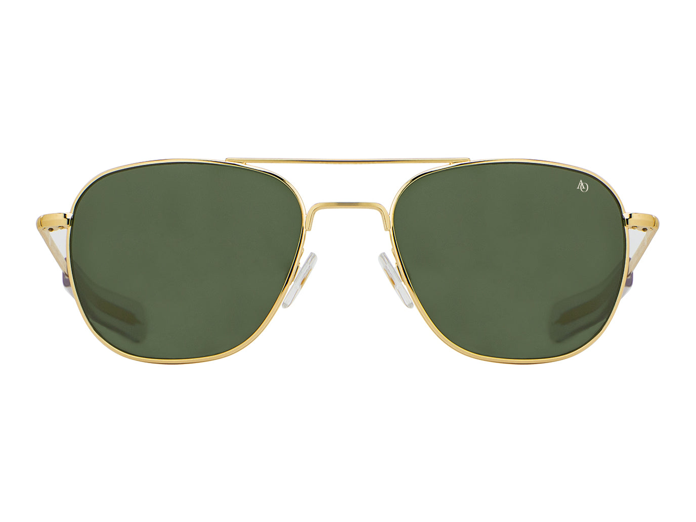 Front view of gold American Optical Original Pilot navigator sunglasses with non-polarised green glass lens