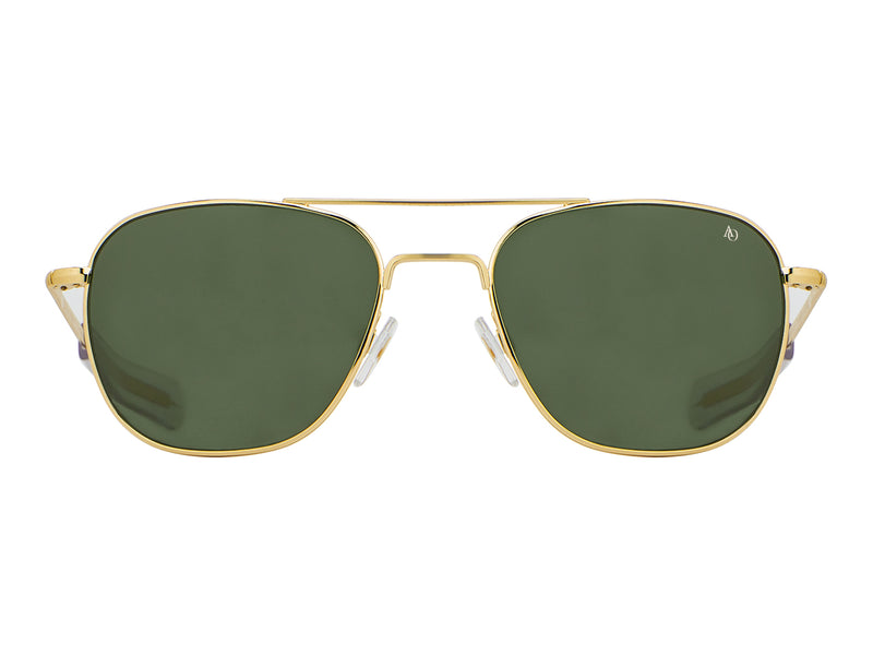 Front view of gold American Optical Original Pilot navigator sunglasses with non-polarised green glass lens