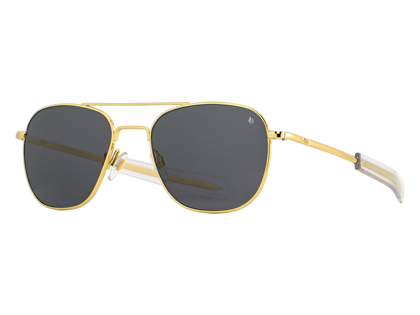 Front angle view of gold American Optical Original Pilot navigator sunglasses with non-polarised grey glass lens