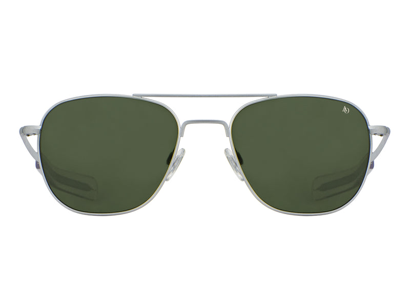 Front view of matte silver American Optical Original Pilot navigator sunglasses with non-polarised green glass lens