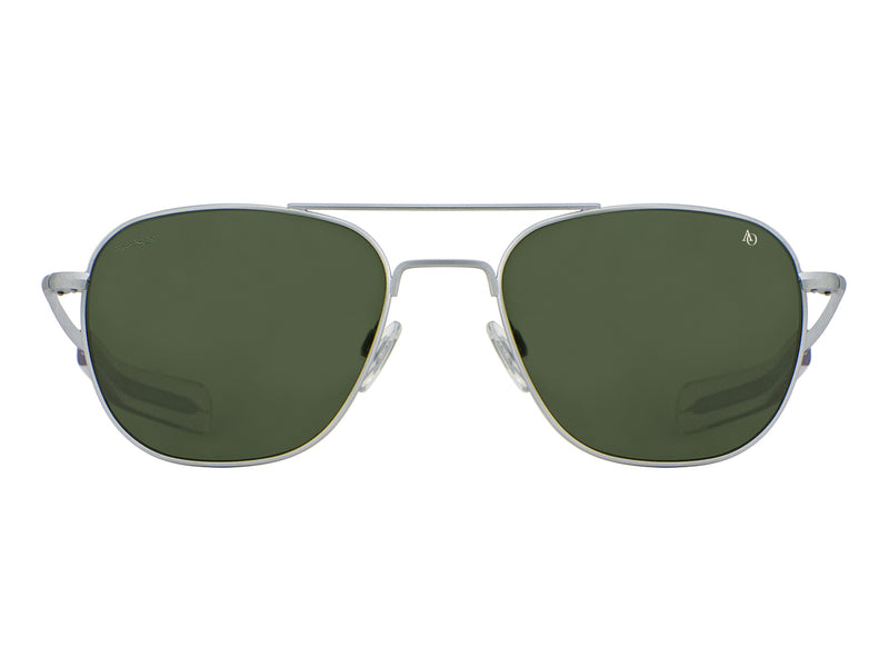 Front view of matte silver American Optical Original Pilot navigator sunglasses with polarised green glass lens