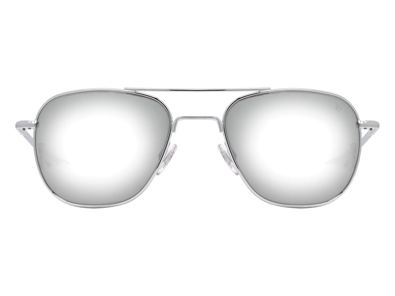 Front view of silver American Optical Original Pilot navigator sunglasses with non-polarised silver mirror glass lens