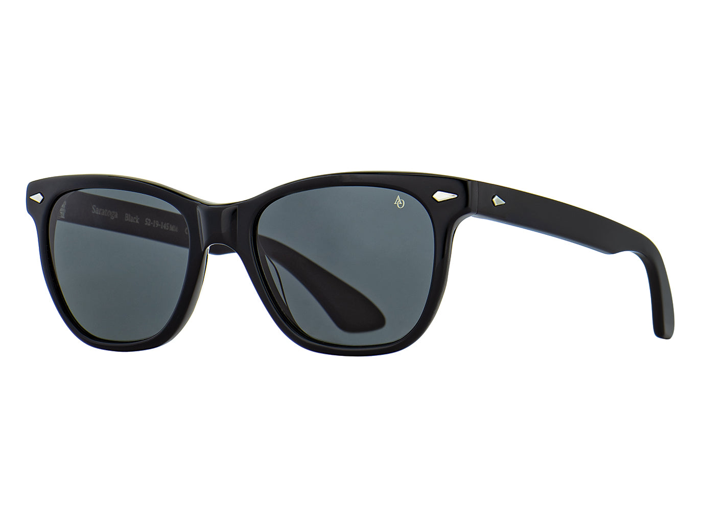 Front angle view of black American Optical Saratoga acetate sunglasses with non-polarised grey nylon lens