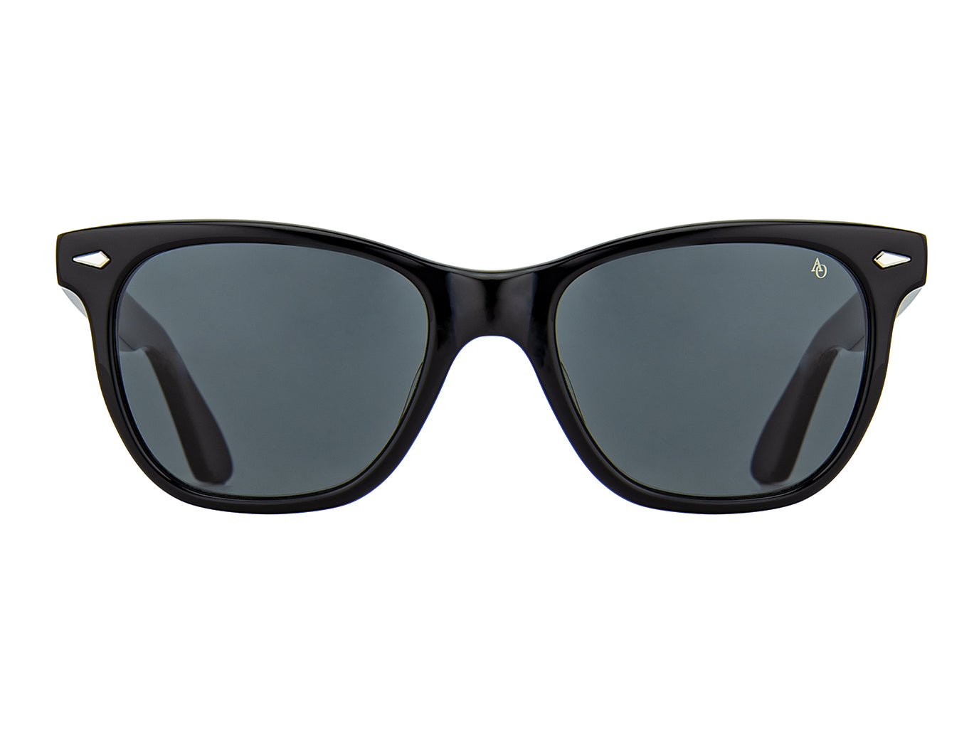 Front view of black American Optical Saratoga acetate sunglasses with non-polarised grey nylon lens