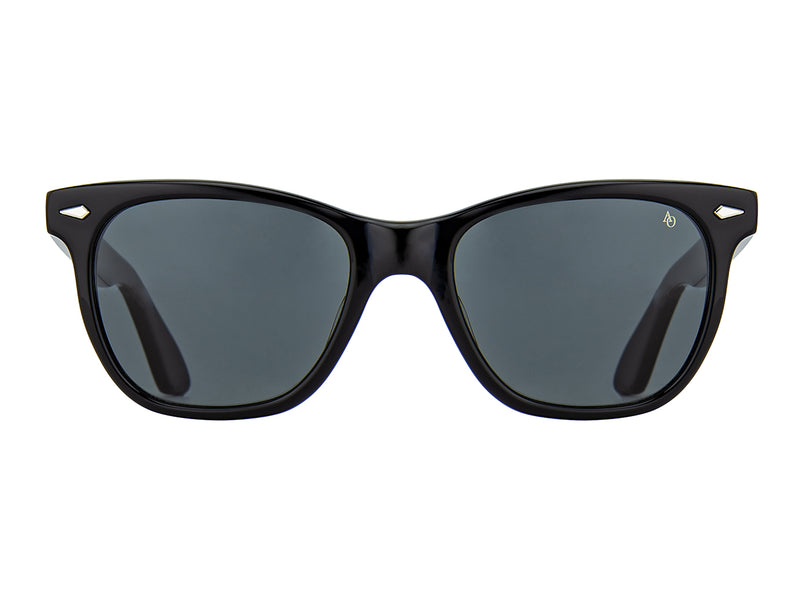 Front view of black American Optical Saratoga acetate sunglasses with non-polarised grey nylon lens