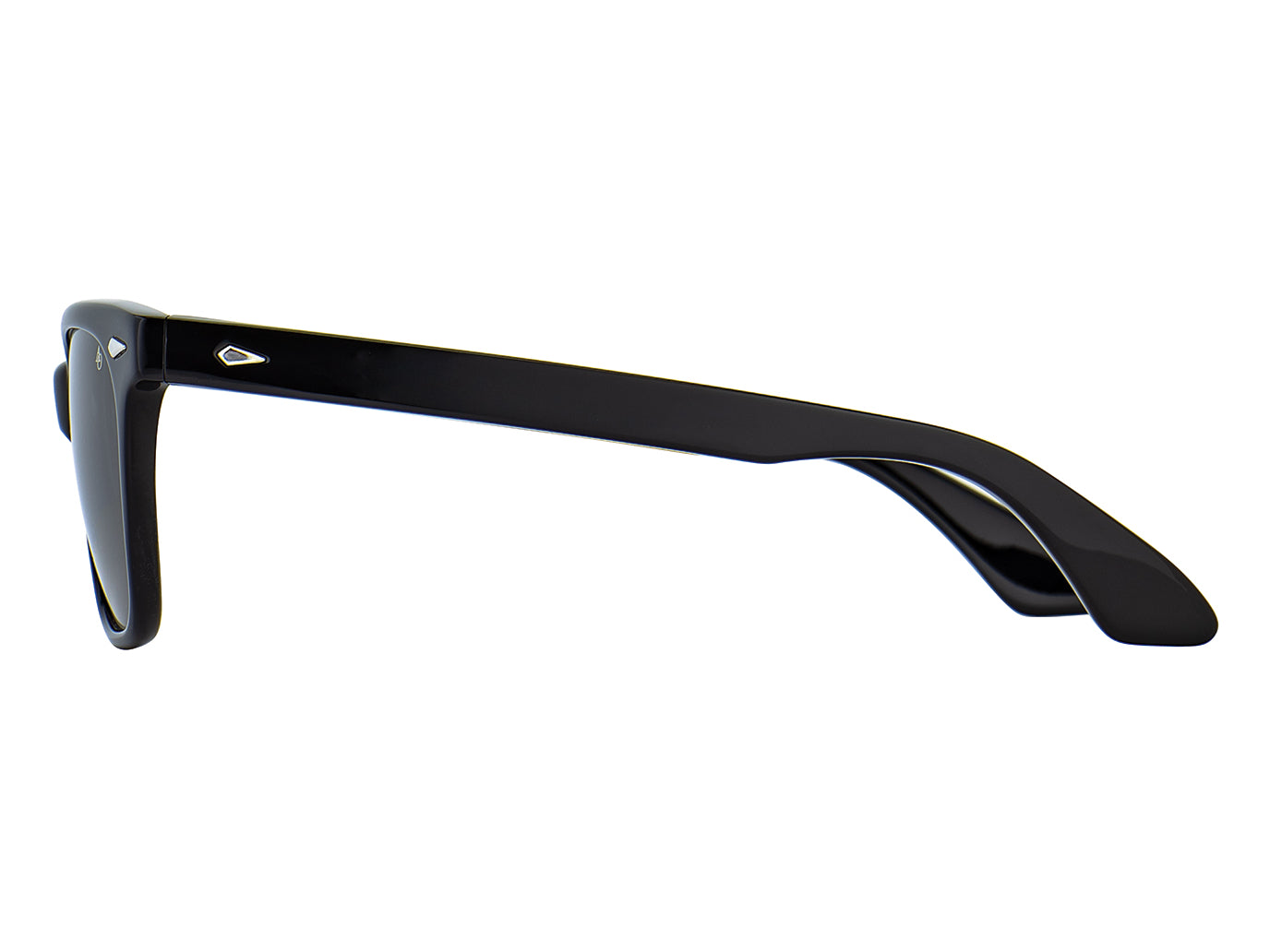 Side view of black American Optical Saratoga acetate sunglasses with non-polarised grey nylon lens