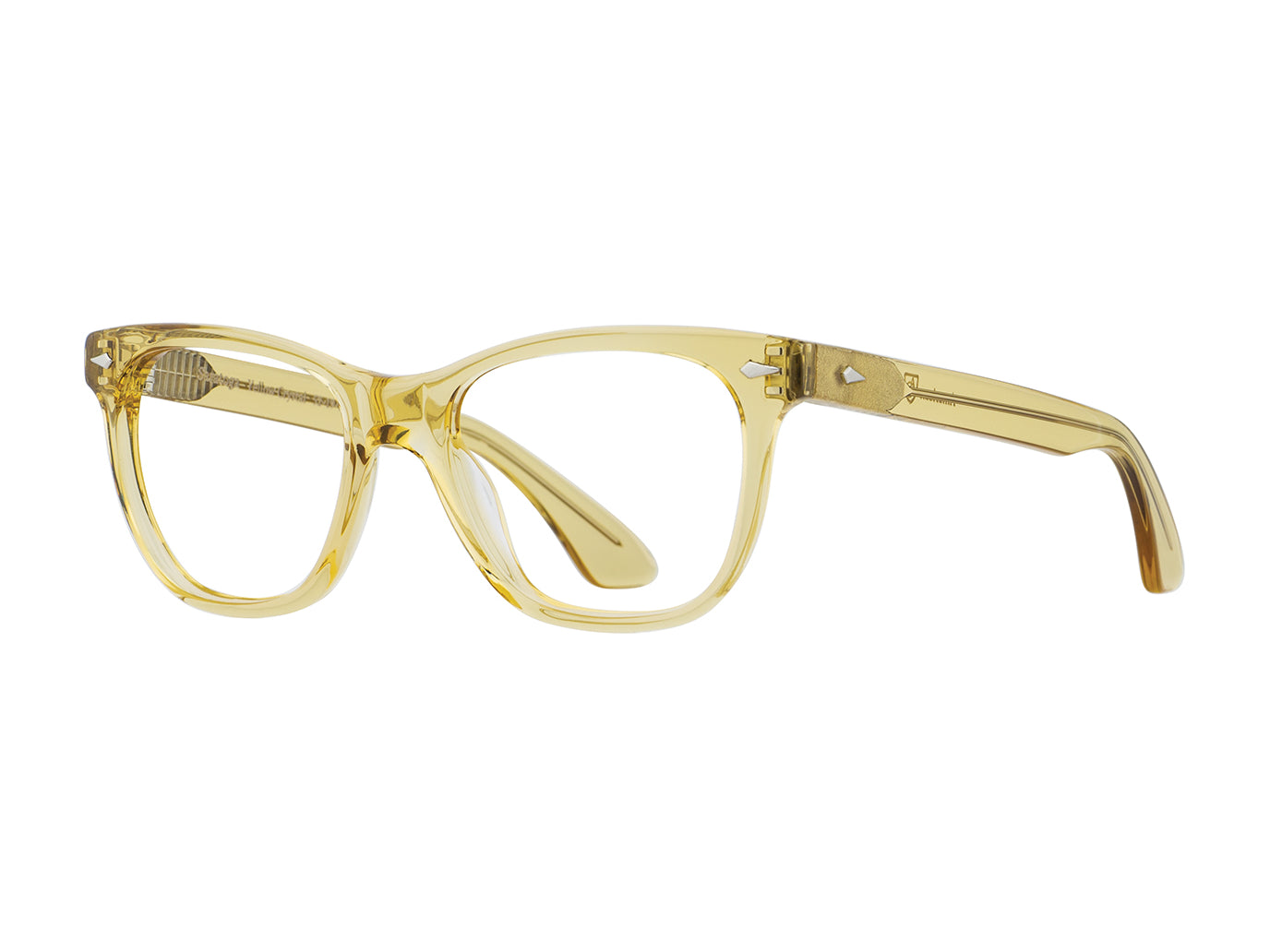 Front angle view of yellow crystal American Optical Saratoga frame only acetate sunglasses