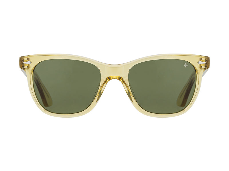 Front view of yellow crystal American Optical Saratoga acetate sunglasses with non-polarised green nylon lens