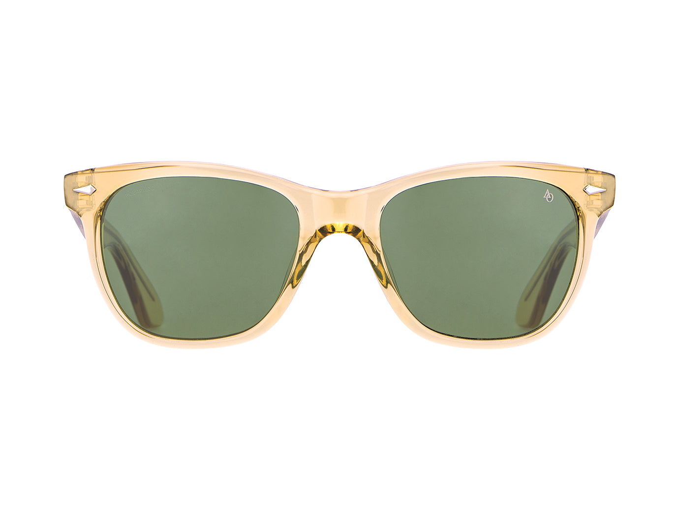 Front view of yellow crystal American Optical Saratoga acetate sunglasses with polarised green nylon lens