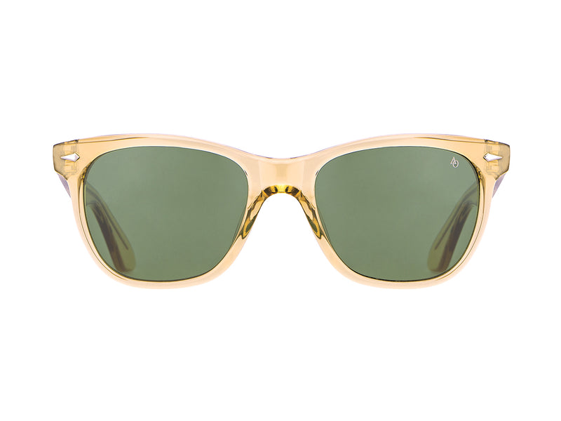Front view of yellow crystal American Optical Saratoga acetate sunglasses with polarised green nylon lens