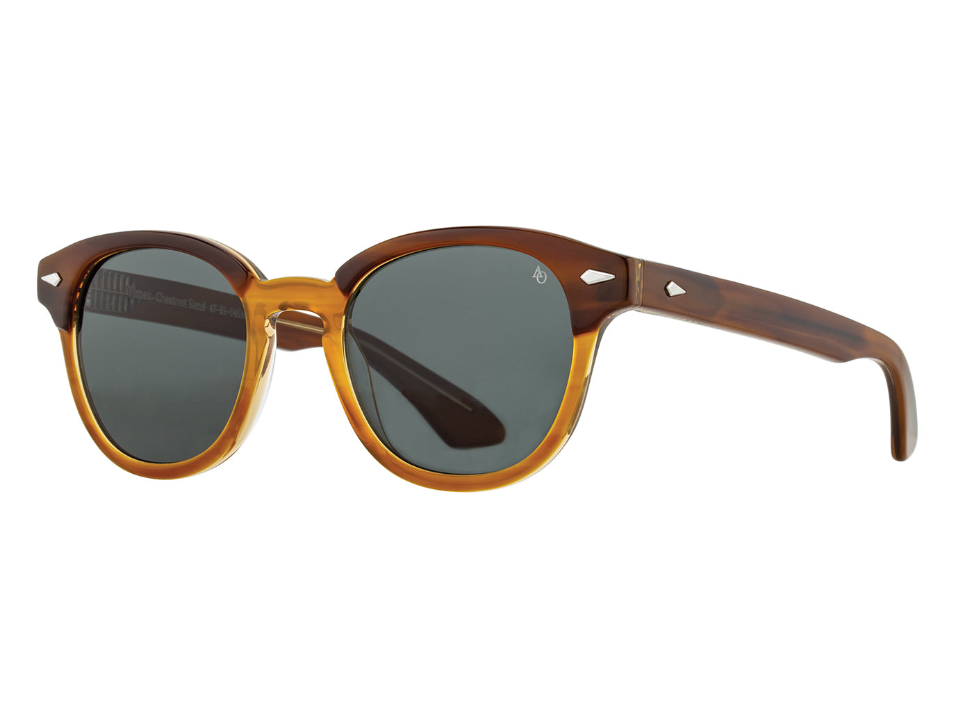 Front angle view of chestnut and sand American Optical Times acetate sunglasses with non-polarised grey nylon lens