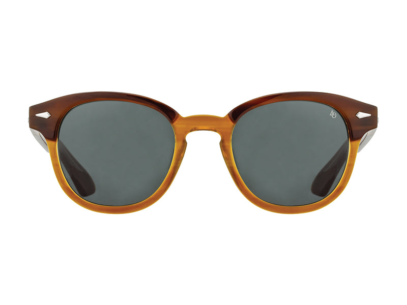 Front view of chestnut and sand American Optical Times acetate sunglasses with non-polarised grey nylon lens