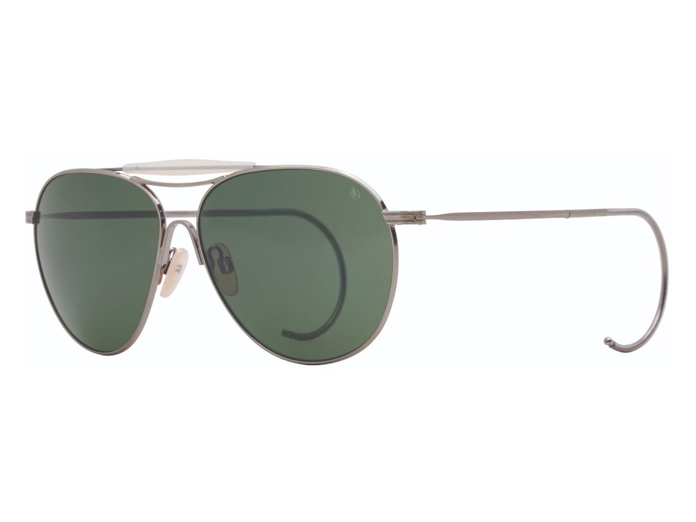 Front angle view of antique silver American Optical Hazemaster aviator sunglasses with non-polarised green glass lens