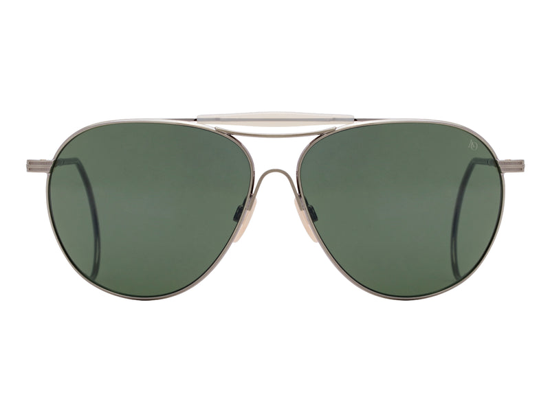 Front view of antique silver American Optical Hazemaster aviator sunglasses with non-polarised green glass lens