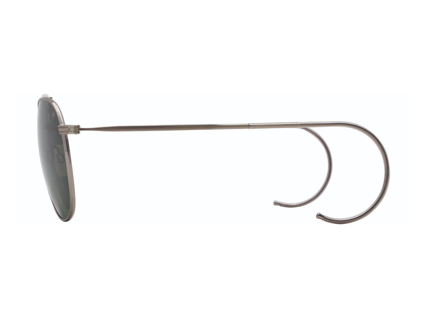 Side view of antique silver American Optical Hazemaster aviator sunglasses with non-polarised green glass lens