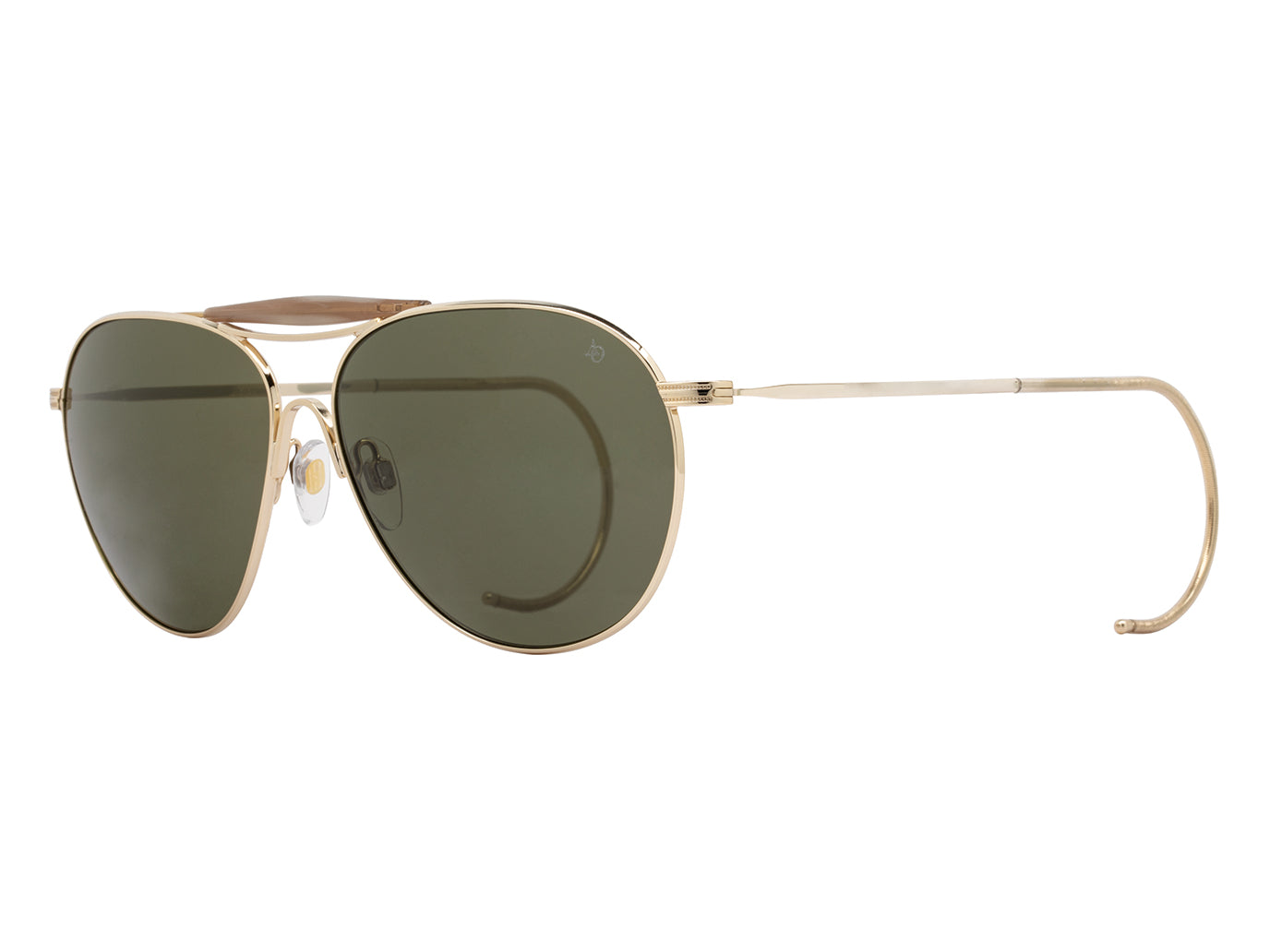 Front angle view of gold American Optical Hazemaster aviator sunglasses with green nylon lens