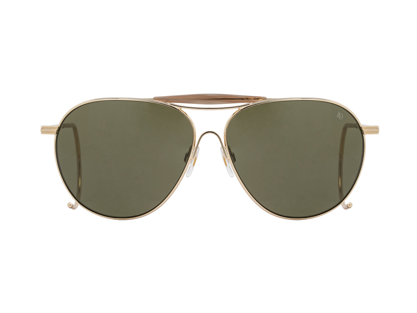 Front view of gold American Optical Hazemaster aviator sunglasses with green nylon lens