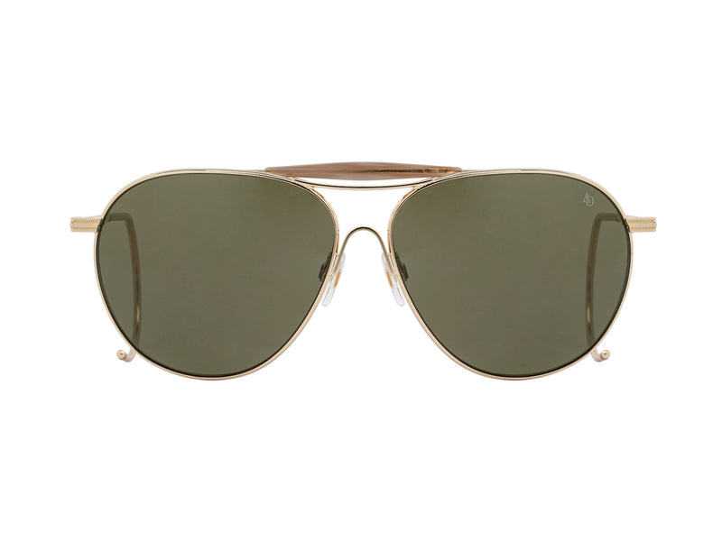 Front view of gold American Optical Hazemaster aviator sunglasses with polarised green nylon lens