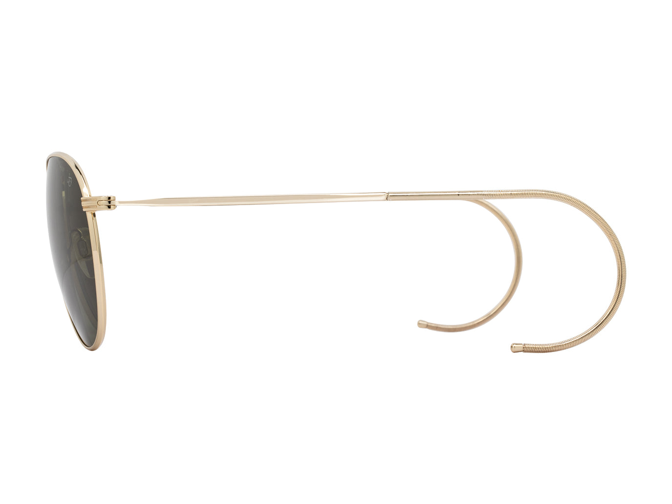 Side view of gold American Optical Hazemaster aviator sunglasses with polarised green nylon lens