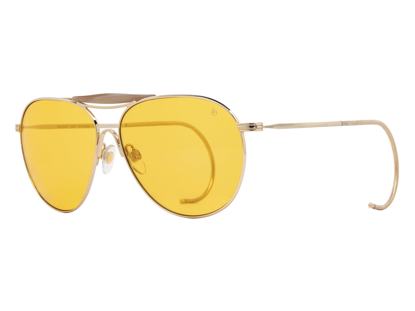 Front angle view of gold American Optical Hazemaster aviator sunglasses with non-polarised orange nylon lens