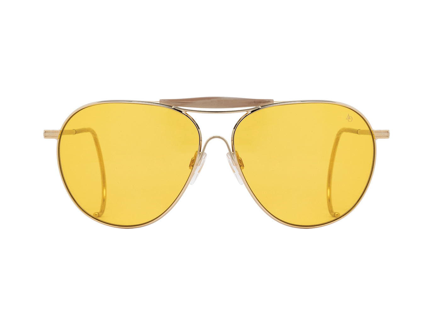 Front view of gold American Optical Hazemaster aviator sunglasses with non-polarised orange nylon lens