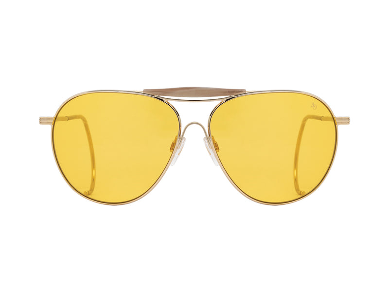 Front view of gold American Optical Hazemaster aviator sunglasses with non-polarised orange nylon lens