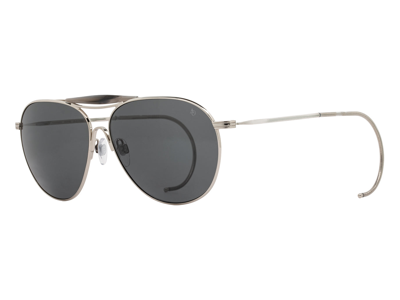 Front angle view of pewter American Optical Hazemaster aviator sunglasses with grey nylon lens