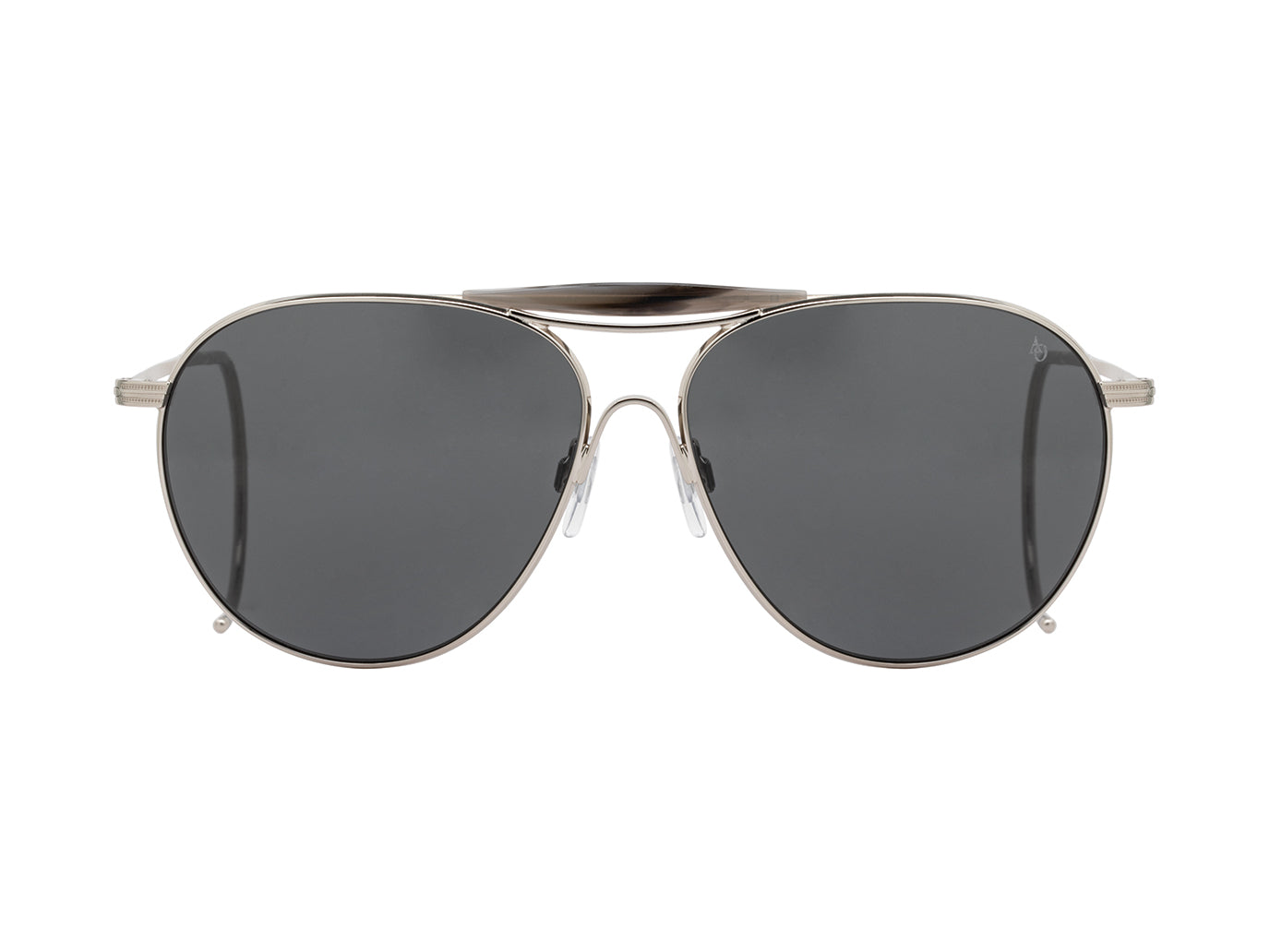 Front view of pewter American Optical Hazemaster aviator sunglasses with grey nylon lens