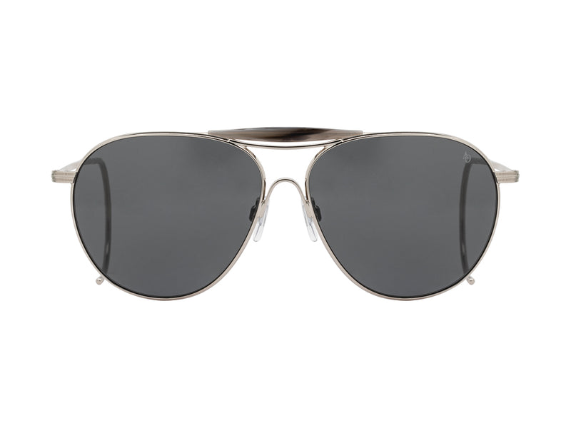 Front view of pewter American Optical Hazemaster aviator sunglasses with grey nylon lens